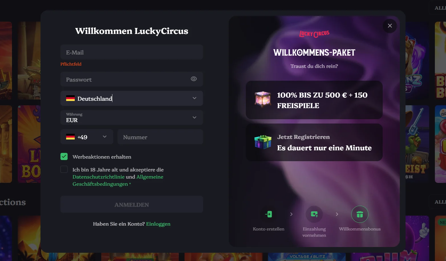 Lucky Circus Casino Registrierungsformular mit Willkommensbonus und 100 % bis zu 500 € plus 150 Freispielen